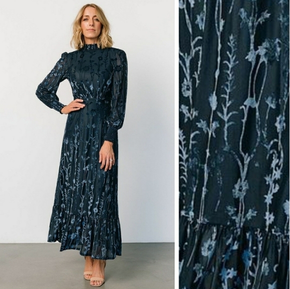 Baltic Born Dresses & Skirts - Baltic Born Penelope Midnight Blue Velvet Floral Long Sleeve Dress Maxi